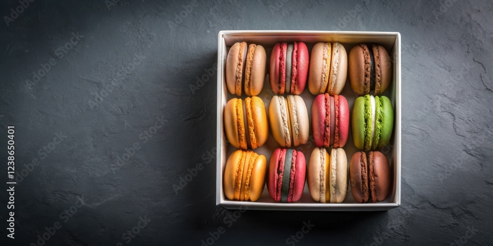 Poster a delightful assortment of colorful macarons in a pristine white box, ready for gifting or a sweet t