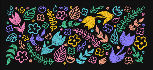 Set of hand drawn colorful charcoal pencil doodle flowers and plants in childish style. Vector botanical illustration