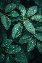 Obraz premium Raindrops cling to vibrant green leaves, showcasing nature's beauty and freshness in a serene garden environment during early morning hours