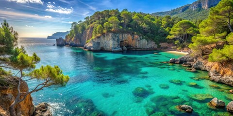 Obraz premium A serene Mediterranean coastline with sunlit cliffs and turquoise waters