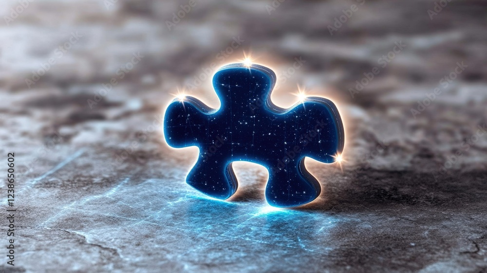 Poster a glowing blue puzzle piece stands out against a textured surface, symbolizing problem-solving and c