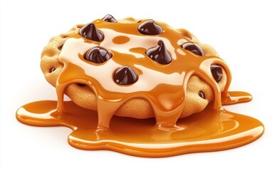 Fototapeta premium Melting Chocolate Chip Cookie Floating with Streams of Caramel Sauce on a White Background