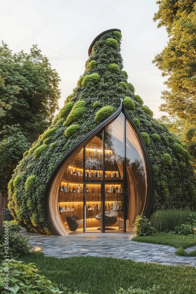 Poster this remarkable structure features a teardrop shape covered in vibrant greenery, harmonizing beautif