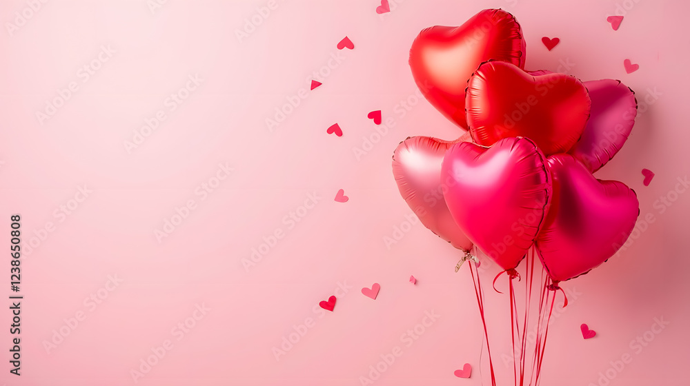 Poster colorful heart-shaped balloons floating against a soft pink background with tiny heart confetti addi