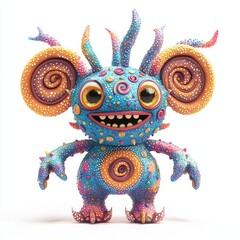 Fototapeta premium Polka-dotted monster with huge floppy ears and swirly patterns, isolated on white background