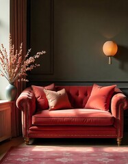 Elegant coral velvet sofa with pillows in a dark room