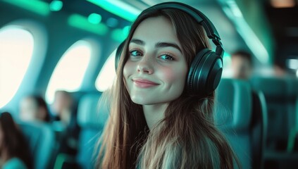 Young woman enjoying music while traveling in an airplane cabin