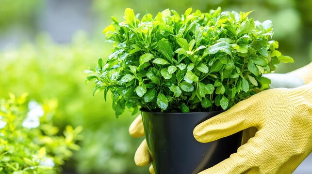 Gardener planting potted shrub, garden background