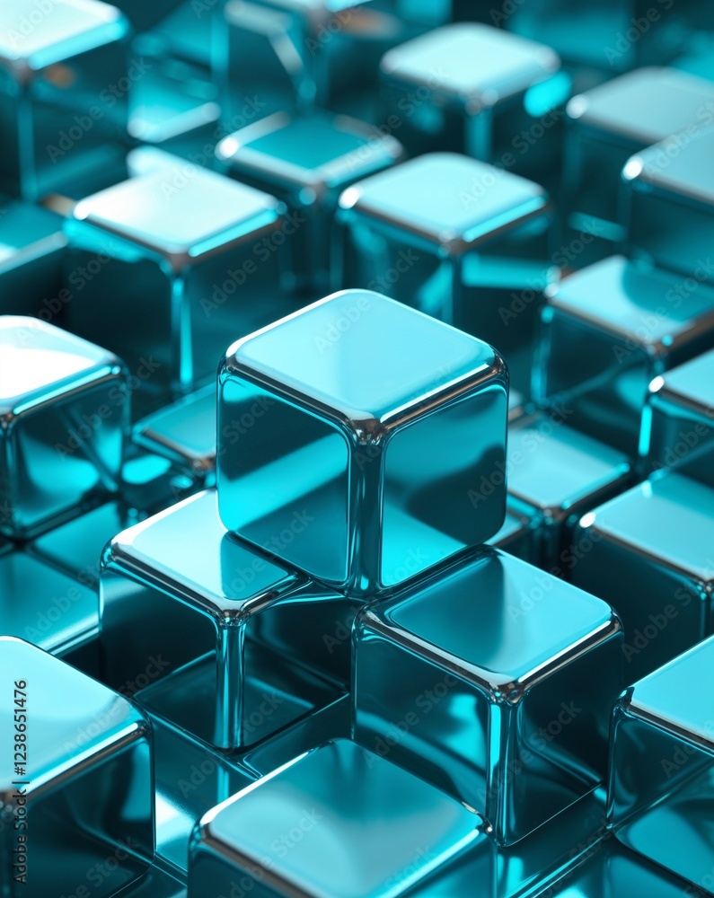 Poster turquoise metallic cubes with smooth chrome reflections and deep blue highlights abstract background