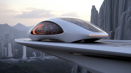 Obraz premium Futuristic Vehicle on Elevated Platform with Urban Landscape Background