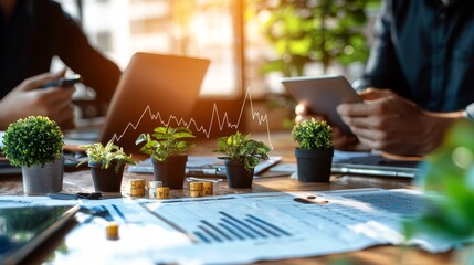 Business Meeting with Charts and Plants in Modern Office Setting