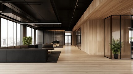 Modern Minimalist Office Interior with Wooden and Glass Elements