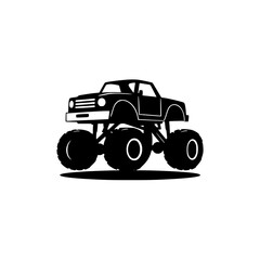 Mighty Monster Truck: A Black Silhouette Illustration of an Off-Road Vehicle. This powerful machine is ready to conquer any terrain with its massive tires and imposing presence.