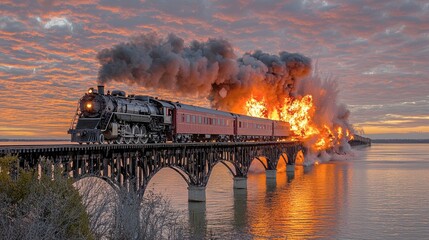 Fiery Train Crash on Bridge at Sunset: A Dramatic Scene of Destruction and Chaos