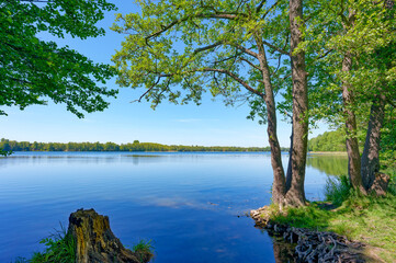 View over a lake with dark blue water to the opposite shore.