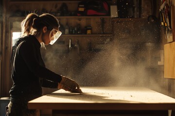Woman sanding a wooden table in a bright garage workshop filled with tools