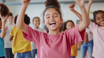 A group of children are playing and one girl is smiling and holding her hands up in the air