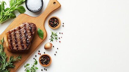 A steak is on a wooden cutting board with a variety of herbs and spices