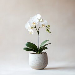 White phalaenopsis orchid blooming in a speckled pot on neutral background