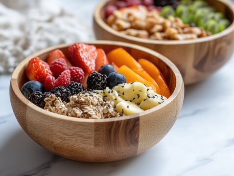 Two wooden bowls filled with a colorful mix of fresh fruits and granola