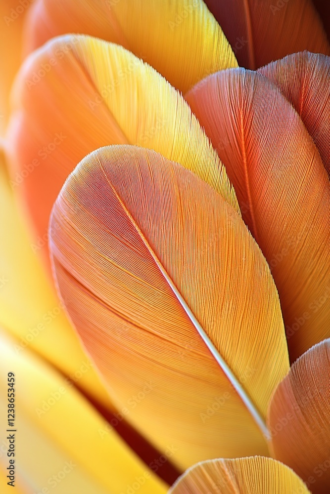 Aufkleber close-up captures the intricate details of colorful feathers displaying a stunning blend of orange a