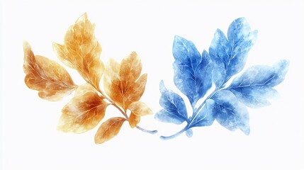 Watercolor Leaves Golden Blue Tranquil Arrangement. AI Generated