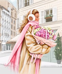 Beautiful blond hair fashion woman in winter coat in Paris city. Stylish woman in winter clothes holding flowers. Fashion illustration 