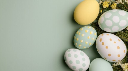 Pastel Easter eggs & flowers on green background