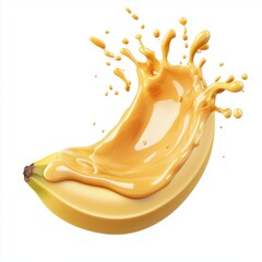 Ripe banana slice with a splash of creamy banana puree, isolated on white background