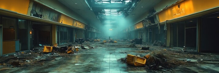 Desolate, smoke-filled shopping mall corridor after a disaster, showing debris and destruction.