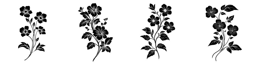 set of Stencil vector graphic, flower stem and flower icon, monochrome, logo design, black outline vector graphics, vector style for laser engraving on wood or metal, on a transparent backgrounds.