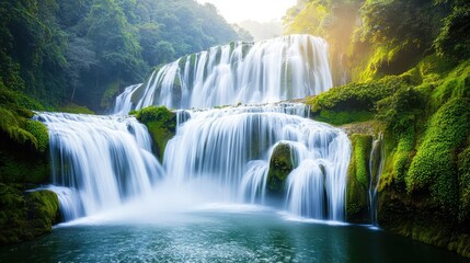 Naklejka premium Waterfall scenes nature idea. Serene waterfall cascading through lush greenery, a tranquil escape into nature's beauty.