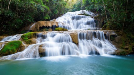 Obraz premium Waterfall scenes nature idea. Serene waterfall cascading through lush greenery, creating a tranquil natural haven.