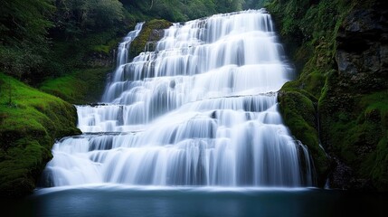 Obraz premium Waterfall scenes nature idea. A serene waterfall cascading over lush green rocks in a tranquil forest setting.