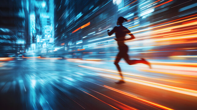 in motion overlaid with a blurred cityscape and streaks of light representing speed 