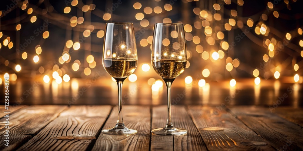Poster two glasses of sparkling wine on rustic wooden table with warm bokeh lights in background