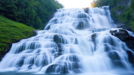 Obraz premium Waterfall scenes nature idea. A breathtaking waterfall cascading down lush green rocks and creating misty vapor.