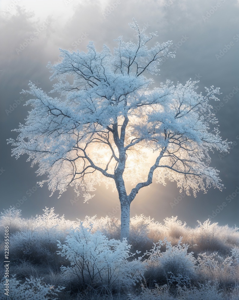 Poster white ethereal tree branches fading into a misty glow abstract natural tree concept background