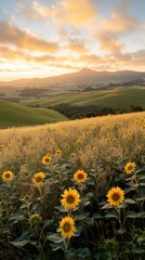 Obraz premium Sunlit sunflower field at sunrise with rolling hills in the background