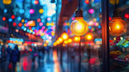 Vibrant Urban Street Scene at Night with Colorful Hanging Lanterns and Warm Illuminated Light Bulbs Reflecting on Window Surface