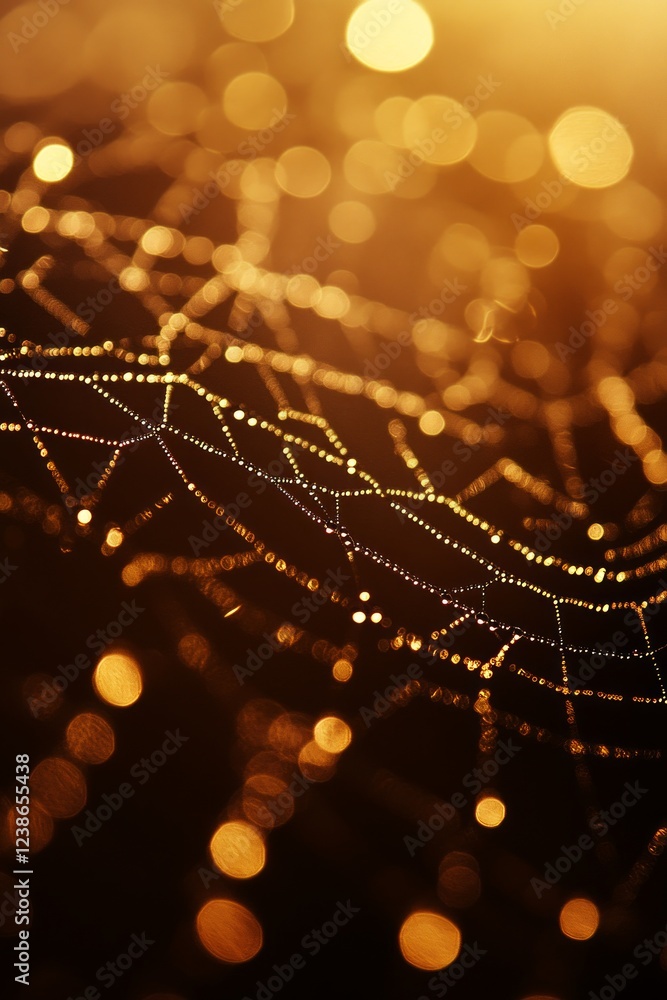 Poster a finely crafted spider web sparkles with tiny droplets of dew as soft morning light filters through