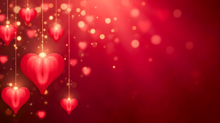 Fototapeta premium Romantic Heart Decorations Hanging with Bokeh Effect on a Deep Red Background for Love and Celebration Themes