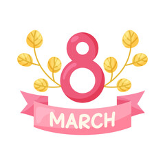 March 8 Women's Day Postcard with number 8 and golden leaves. Simple cute greeting card. Vector illustration.