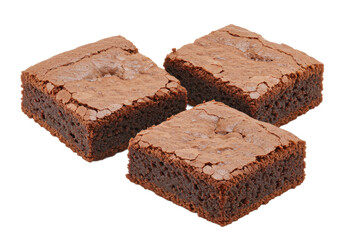 Three pieces of rich chocolate brownies with a moist interior and crisp top layer, isolated on white background