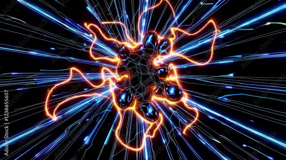 Poster complex molecule structure exploding with energy, creating dynamic light streaks and radiating power