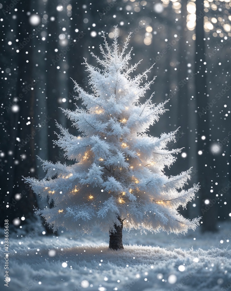 Poster white misty tree with delicate shimmering snowfall abstract christmas tree concept background