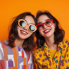 Obraz premium Friends enjoying bright sunglasses at a vibrant studio fashion photography indoor colorful playful mood