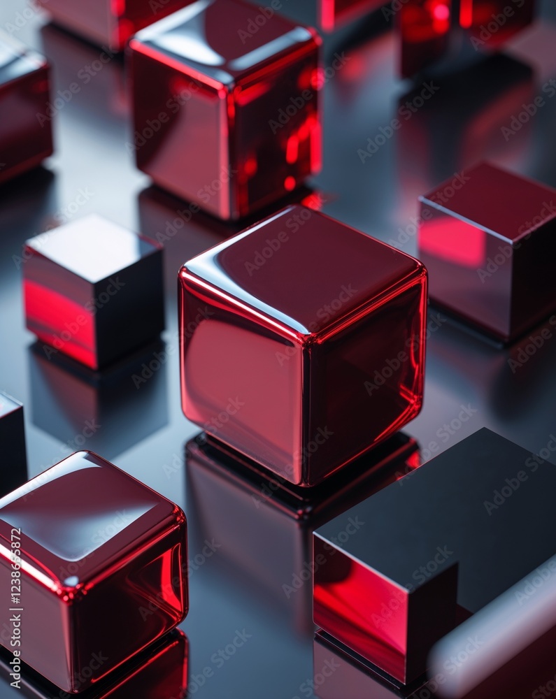 Poster wine red metallic cubes with high gloss polished reflections and dark shadows abstract background