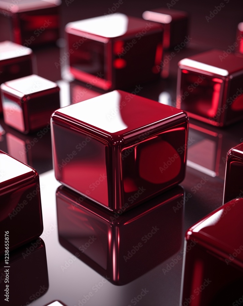 Poster wine red metallic cubes with high gloss polished reflections and dark shadows abstract background