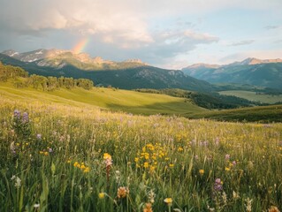 Fototapeta premium Vibrant wildflower meadow with rainbow over scenic mountain landscape at sunset